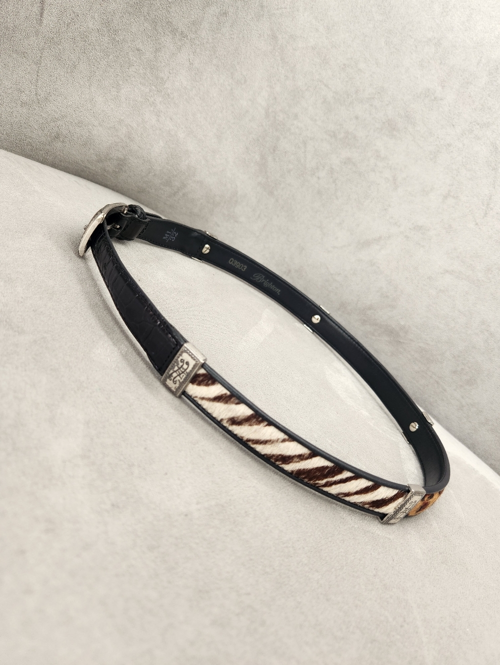 Vintage Brighton Belt Women's 32 Black Leather Colorblock Animal Print Croc - Picture 6 of 13